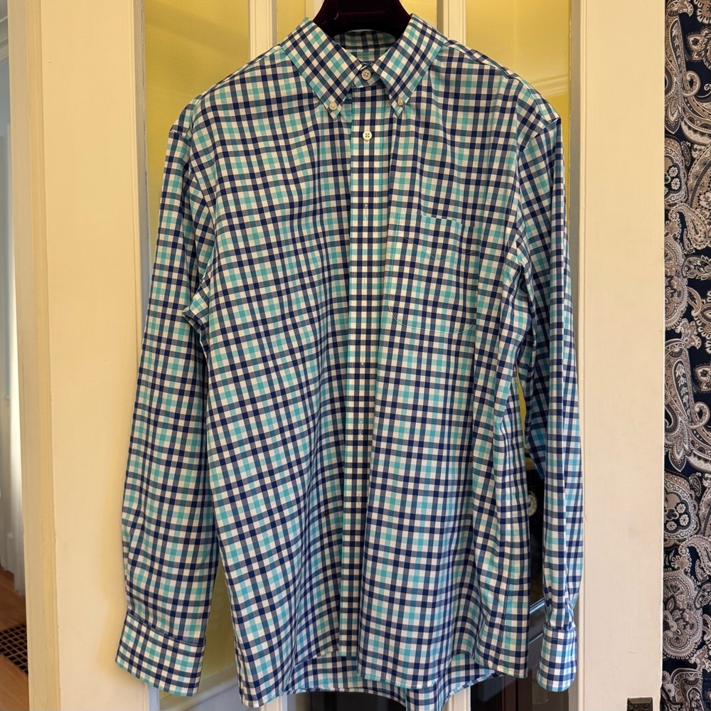 Jos. A. Bank Navy Teal Gingham Plaid Dress Shirt - Size Large